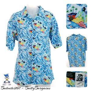 VTG Kennington CA Hawaiian Mens L Shirt Aloha Hula Girl Wood Buttons USA MADE